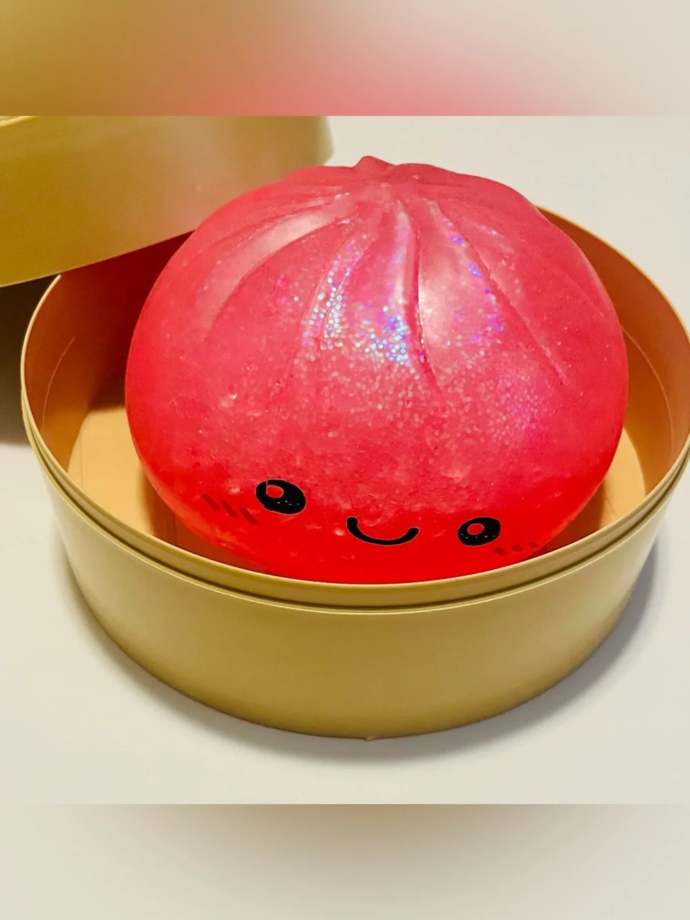 Giant Hot Pink Steamed Bun Squishy in Round Bamboo Box